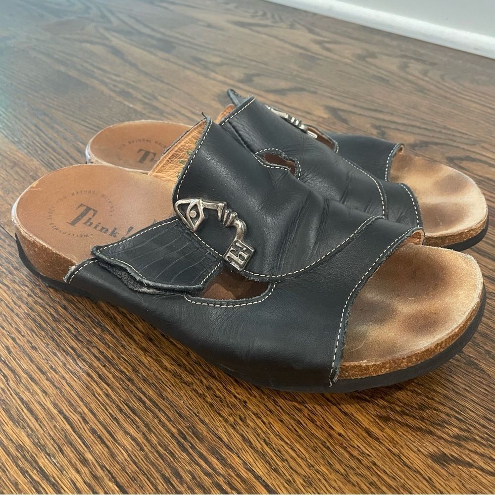 THINK! Mizzi Face Sandals Black Leather Slip On Cork Sole Sandals